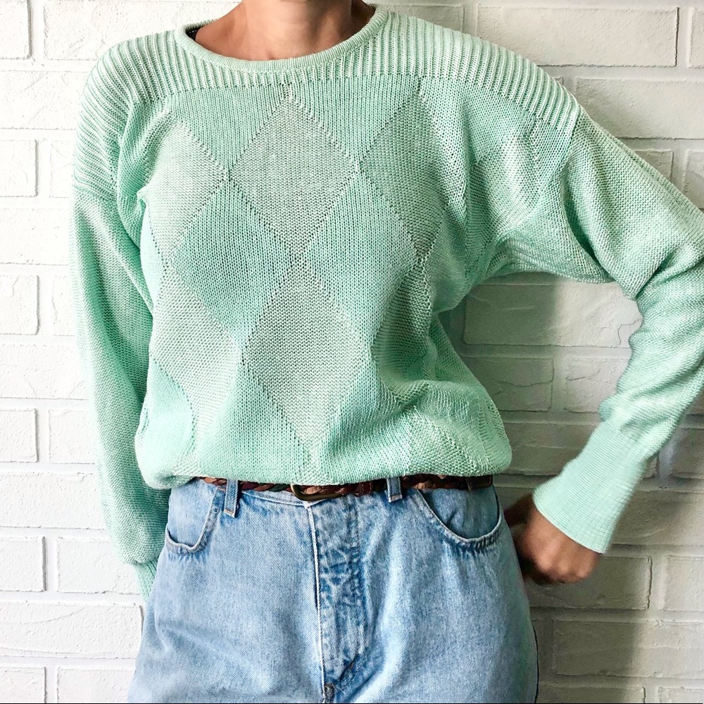 Vintage hand loomed argyle mint green knit grandma sweater M